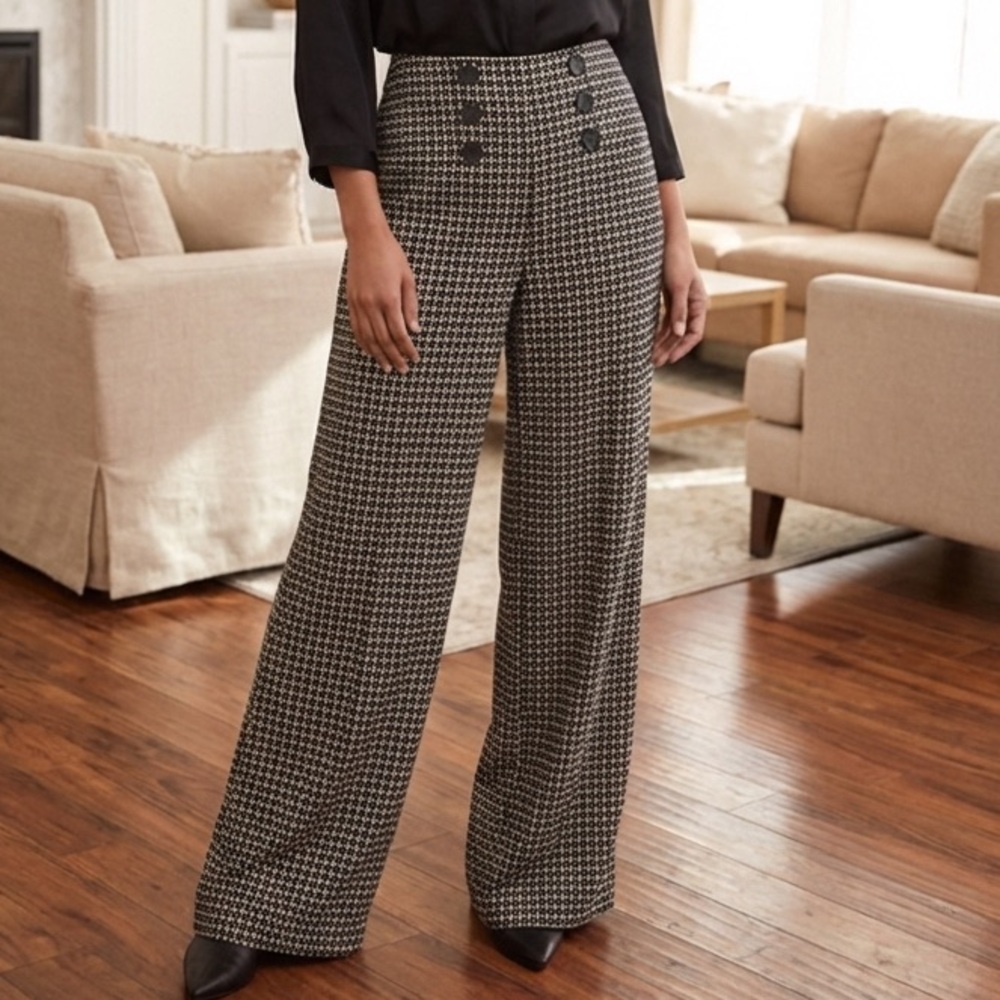 Max Studio Wide Leg Pants Medium Boho Geometric Print High Waist Button Detail - Picture 3 of 9